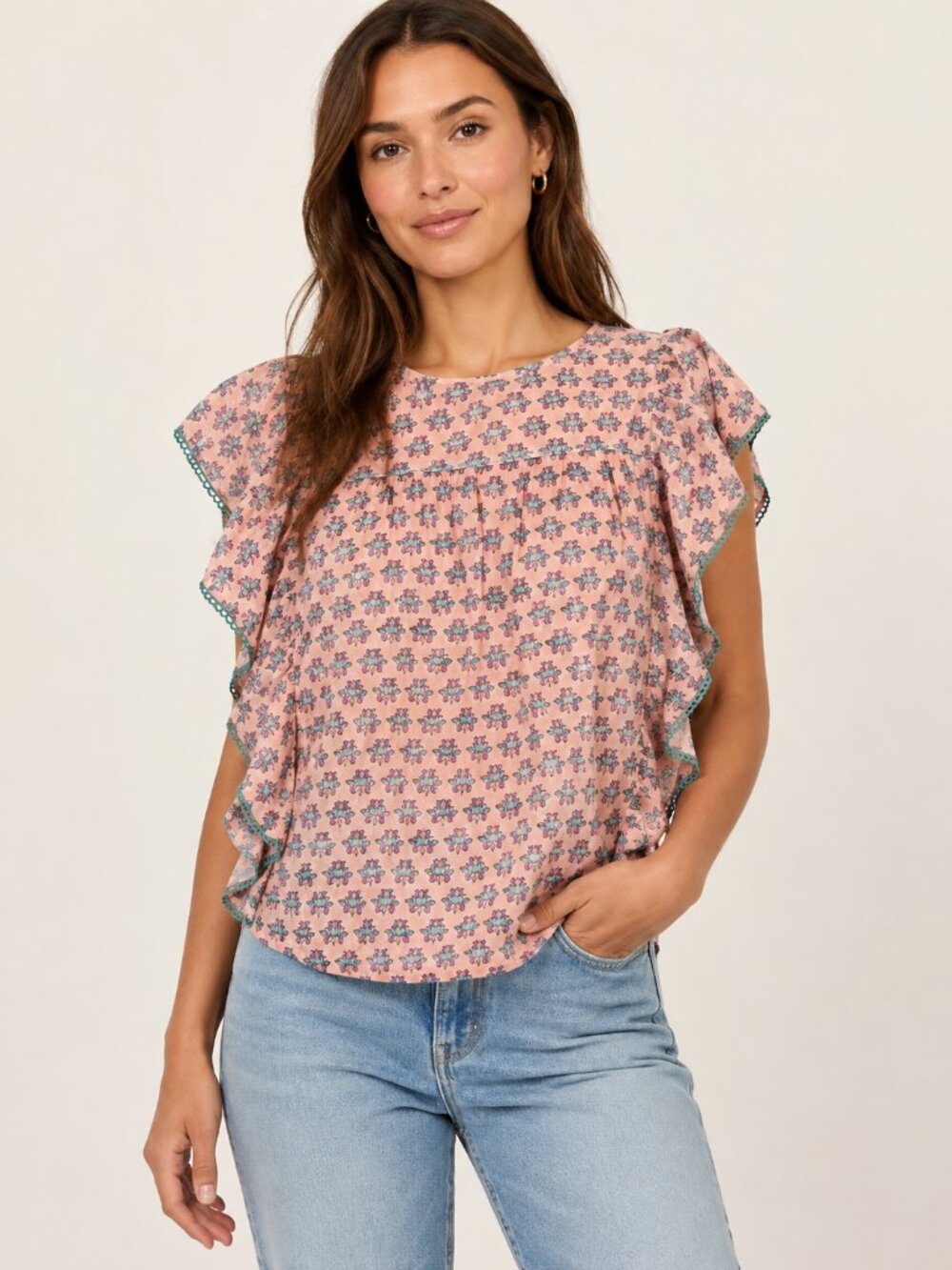 NWOT World Market Boho Floral Flutter Sleeve Blouse - cotton - S/M